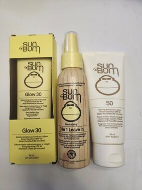 Sun Bum Set Of 3 - Glow 30 Sunscreen Lotion, 50 Spf & 3 In 1 Hair Treatment New
